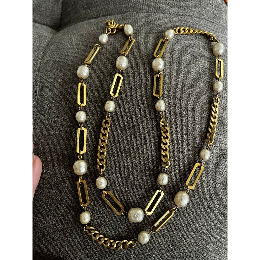 Vintage Gold tone Link Chain Necklace with Baroque textured Pearls 29” MCM 1960s